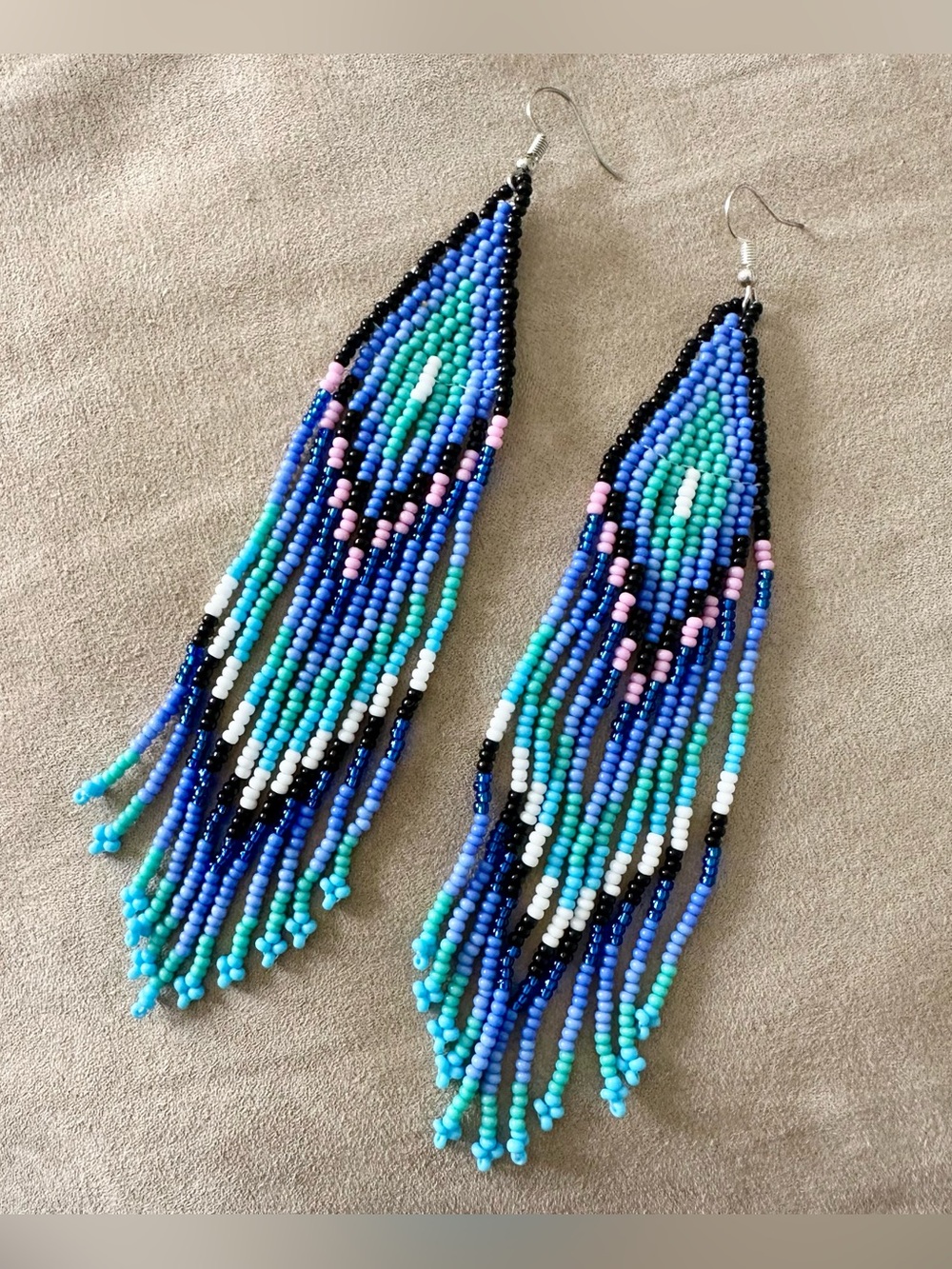 Amazonian Beaded Fringe Earrings Blue Teal Geometric Dangle Modern Never Worn